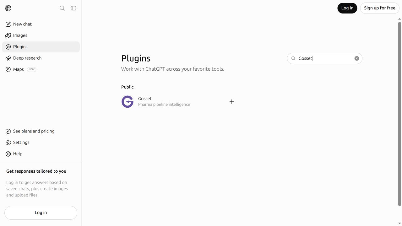 ChatGPT Plugins directory with Gosset in the search field and the Gosset result with its plus button.