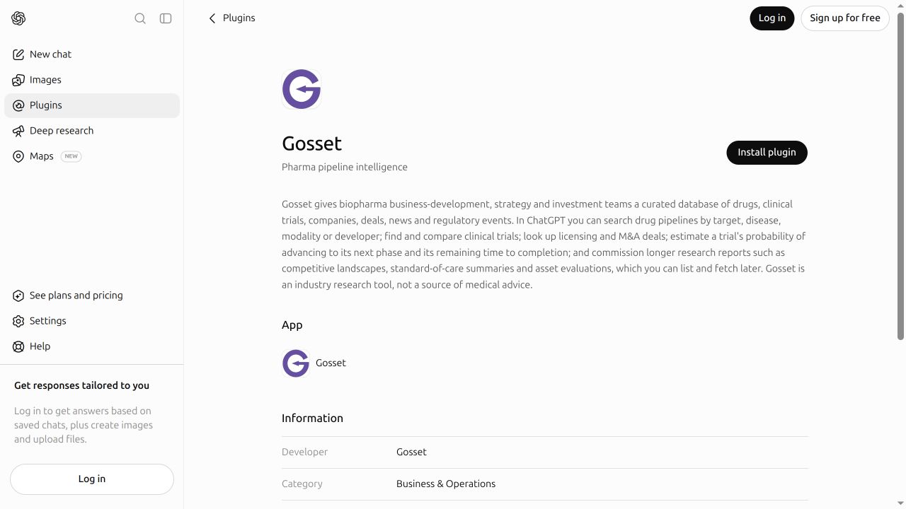 Gosset's ChatGPT listing with the Install plugin button beside its name and description.