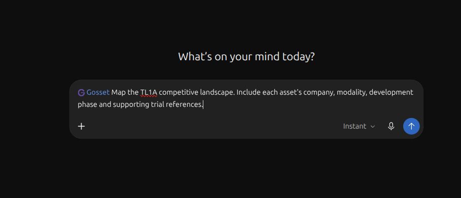 A new ChatGPT chat with Gosset selected and a TL1A landscape question ready to send.