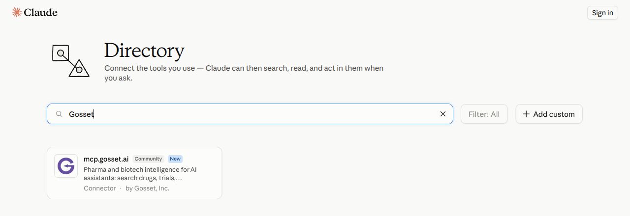 Claude's directory searched for Gosset, showing the mcp.gosset.ai connector by Gosset, Inc.