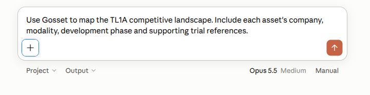 A TL1A research question entered in Claude's new-chat composer, ready to send.